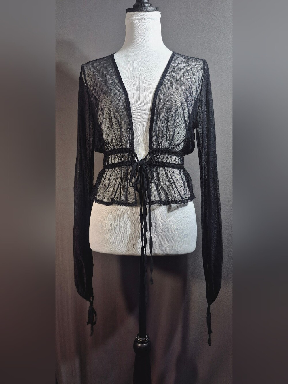 Forever 21 Black Sheer Polka Dot Tie-Waist Mesh Top